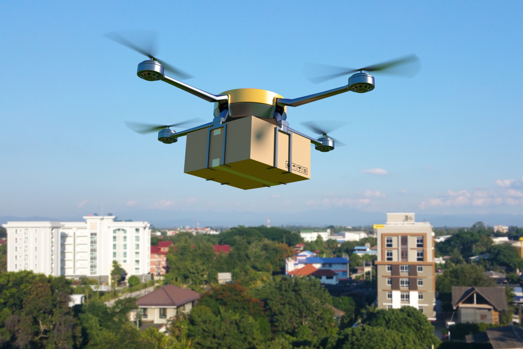 Delivery drone with the cardboard box flying over the town. 3D illustration
