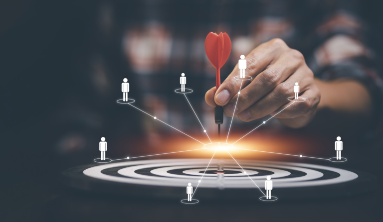 Targeting The Business Concept, Businessman Touch Red Arrow Dart To The Virtual Target Dartboard, Executive Marketing, Investment Goal And Target For Business Investment Concept, Mini Home.