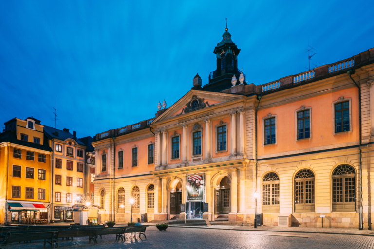Stockholm, Sweden. Famous Old Swedish Academy And Nobel Museum In Old Square Stortorget In Gamla Stan. Famous Landmarks And Popular Place