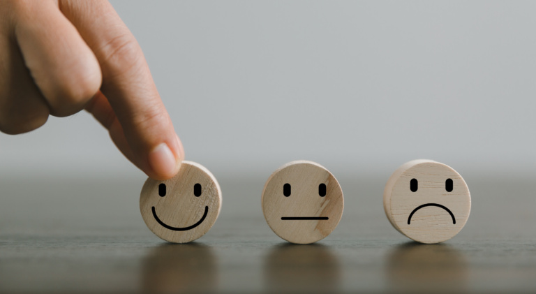 Satisfaction Survey Concept. Customer Services Best Excellent Business Rating Experience. Hand Of Business Chooses A Smile Face On Wood Block Circle. 5 Star Satisfaction. People Feel Great Product.