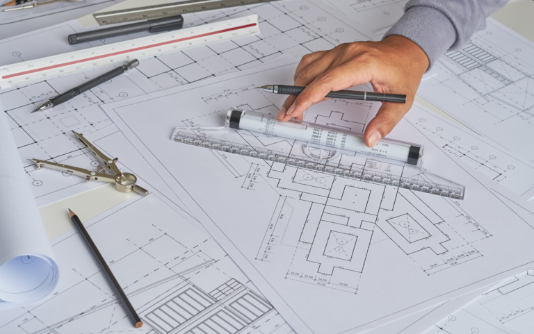 Architect Engineer Contractor Design Working Drawing Sketch Plan Blueprint And Making Architectural Construction House Building In Architect Studio.