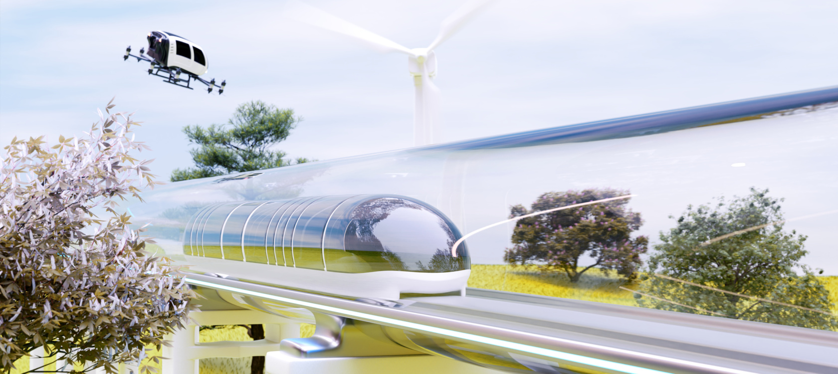 Clean Energy With Hyperloop Innovation, Magnetic Levitation Train Moving, And Nature Background. Future Technology Of Transportation. 3d Render.